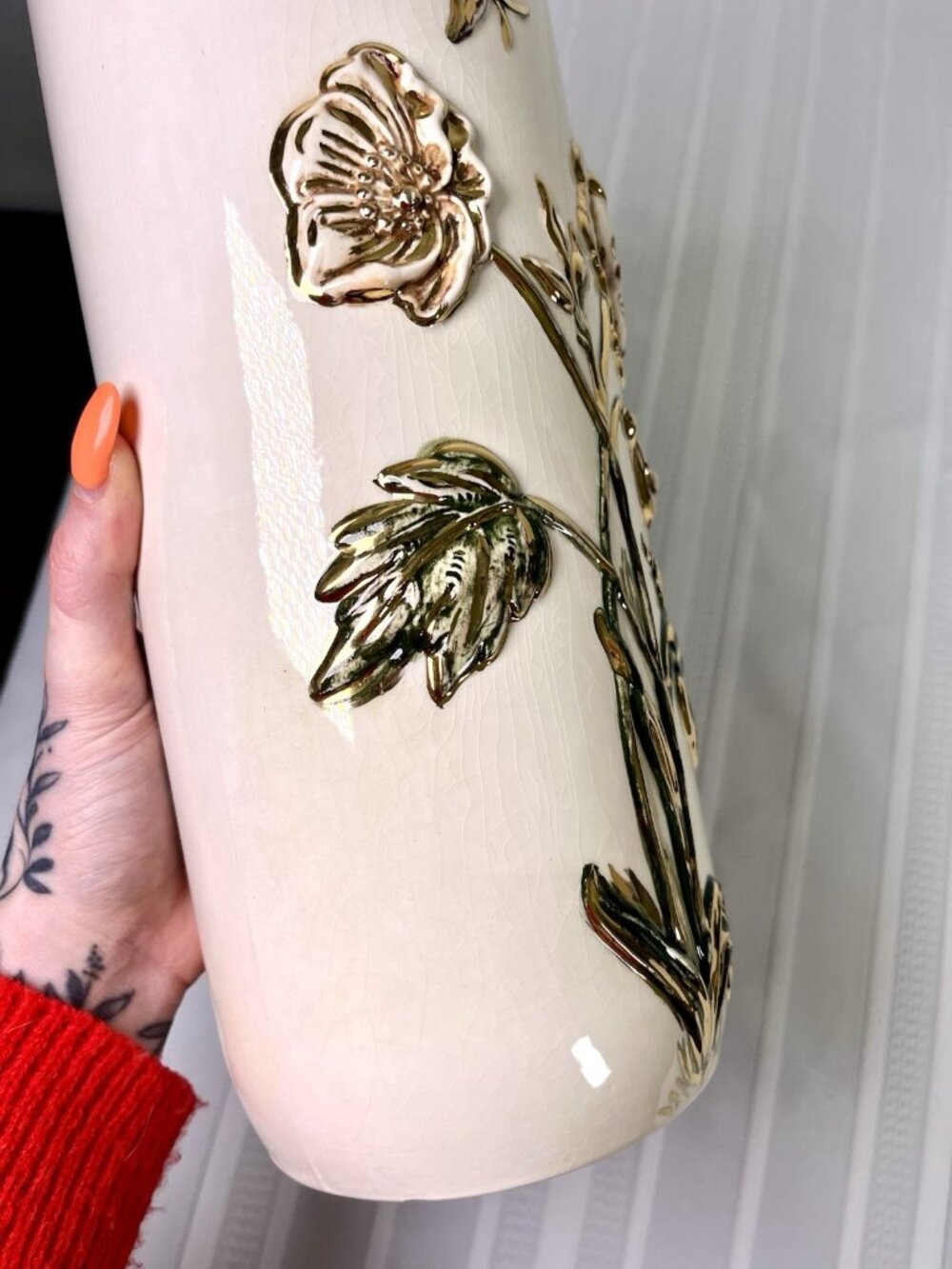 Vintage 50s Art Pottery Vase MCM Handpainted Flowers Ceramic Boho Mid Century - Picture 9 of 12